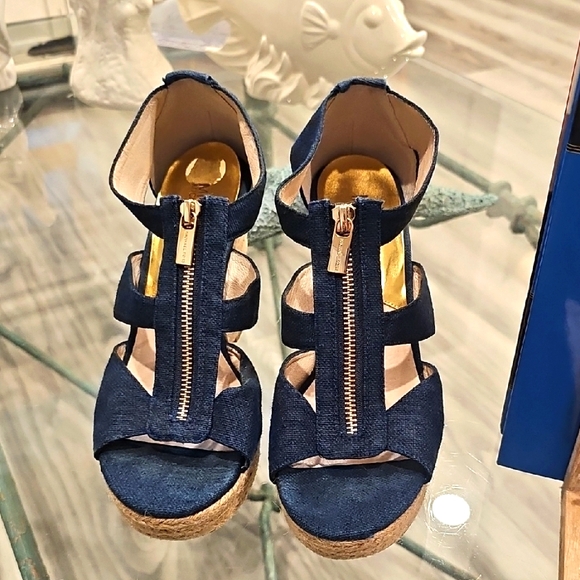 Michael Kors Navy Blue Wedge Sandals 9 - Picture 1 of 8